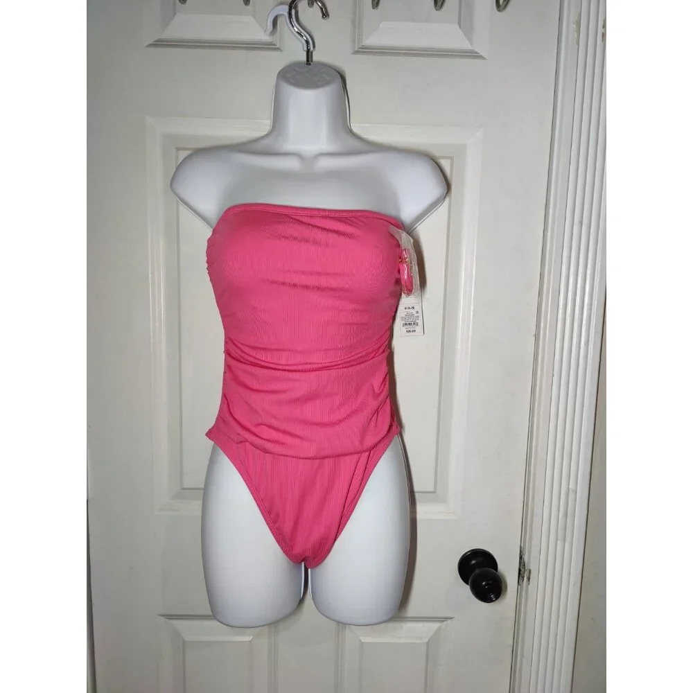 Shade‎ & Shore Pink Ruched Ribbed Convertible One-Piece Swimsuit M 8-10 NWT